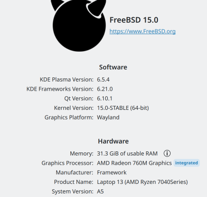 Снимок Информации о системе из FreeBSD 15.0 с Plasma 6.5.4 (Wayland)